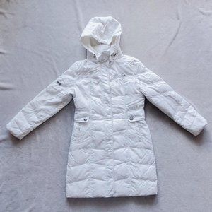 long thigh-length pure white form-fitting snowy winter jacket❄️